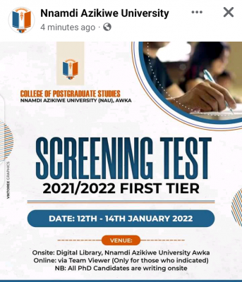 UNIZIK announces 1st tier postgraduate screening test, 2021/2022