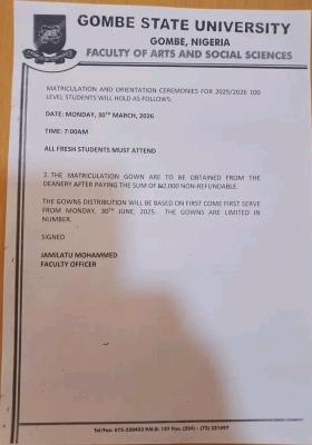 GSU notice on matriculation and orientation Ceremonies
