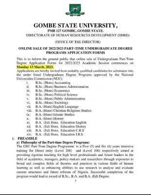 GSU Undergraduate Part-time Admission, 2022/2023
