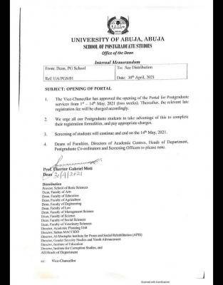 UNIABUJA notice on reopening of postgraduate registration portal
