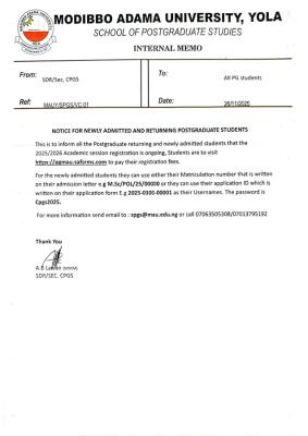 MAUTECH notice to new and returning postgraduate students on registration
