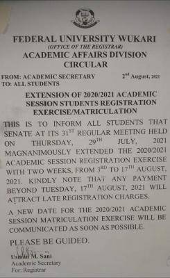 FUWUKARI extends registration deadline, 2020/2021
