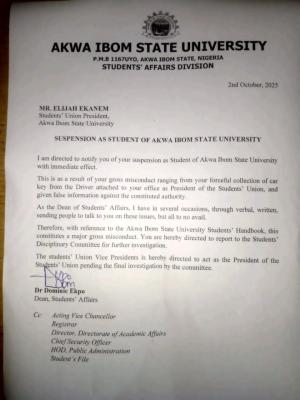 AKSU suspends SUG President over misconduct