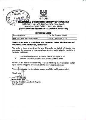 NOUN notice on extension of courses and examination registration for 2024_1 semester