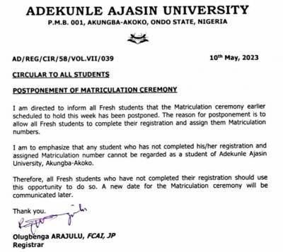 AAUA postpones matriculation ceremony