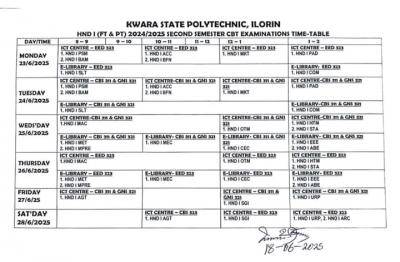 Kwara Poly 2nd semester exam time-table for HND I (FT&PT), 2024/2025