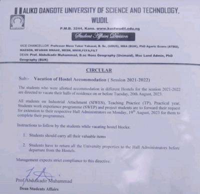 Aliko Dangote University of Science & Tech notice of vacation of hostel accommodation, 2021/2022
