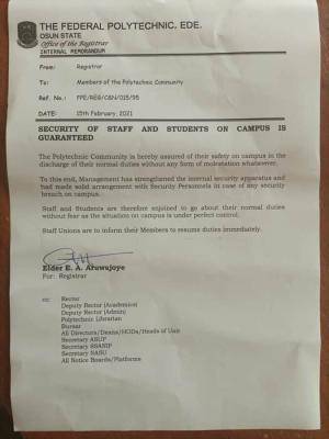 Ede Poly assures staff and students of security on campus