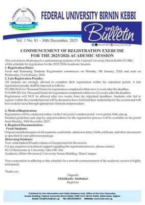 FUBK announces commencement of registration for the 2025/2026 academic session