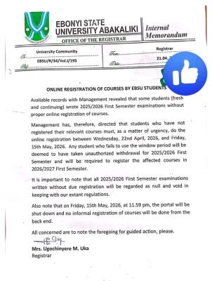 EBSU urgent notice on online course registration for 1st semester, 2025/2026