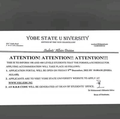 YSU notice to 100 and 400 level students of application for accommodation