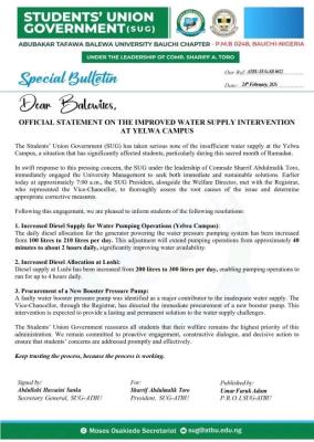 ATBU SUG notice on improved water supply at Yelwa Campus