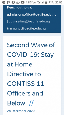 OAU Stay at Home Directive to CONTISS 11 Officers and Below