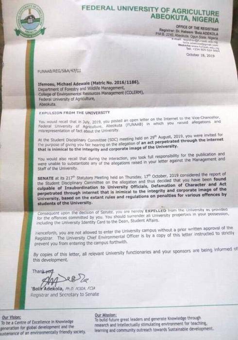 FUNAAB Student Expelled Over Post on Insecurity and Police Harassment in The Institution