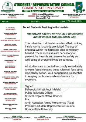 GOMSU SRC notice on ban of cooking and use of charcoals in School Hostels