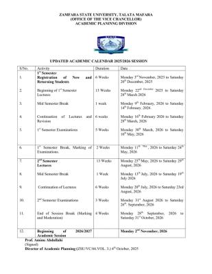 ZAMSU releases updated academic calendar, 2025/2026