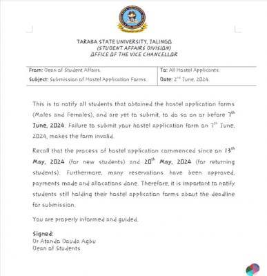 TSU notice to all hostel applicants on submission of application forms