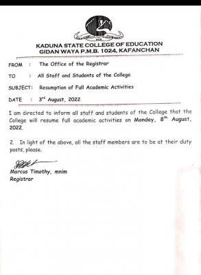 Kaduna State College of Education notice on resumption of academic activities