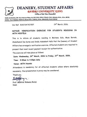 BUK schedules verification exercise for students residing in AKTH Hostels