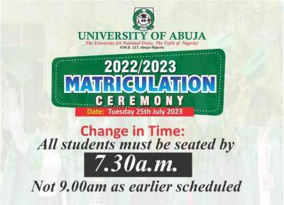 UNIABUJA notice of Change in time of matriculation
