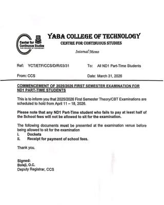 YABATECH notice on commencement of 1st semester exam for ND1 part-time students, 2025/2026