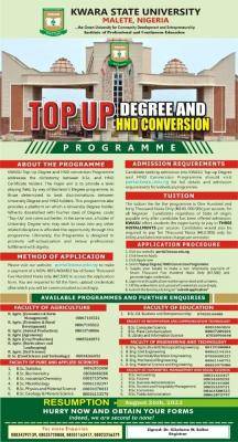 KWASU admission into top up degree and HND Conversion programme, 2022/2023