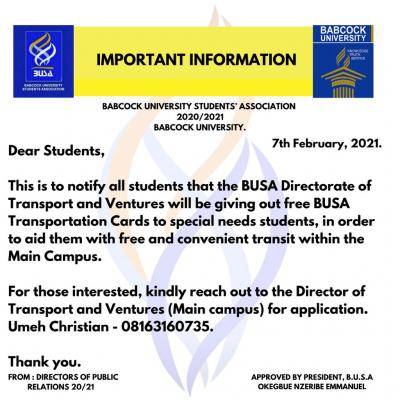 Babcock University BUSA notice on Transportation card giveaway