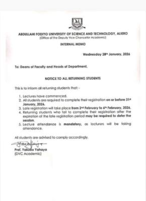 AFUST Aliero Issues Important notice to Returning Students