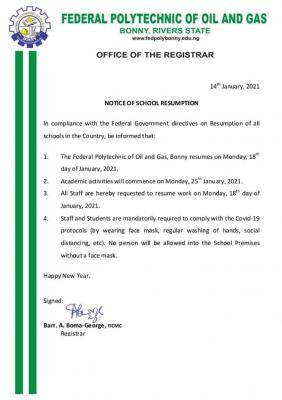 Federal Polytechnic Oil and Gas, Bonny resumption notice
