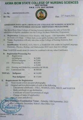 Akwa Ibom College of Nursing Sciences Basic Midwifery form - September 2023