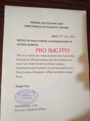 Fed Poly, Oko male hostel accommodation now available at Ofuma Campus