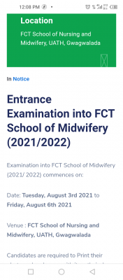 FCT School of Nursing and Midwifery entrance examination