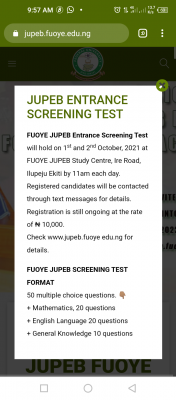 FUOYE JUPEB entrance screening test, 2021/2022