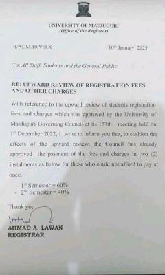 UNIMAID notice on upward review of registration fees & other charges