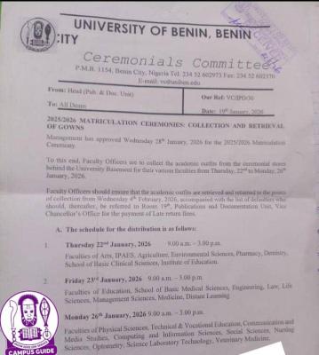 UNIBEN announces 2025/2026 matriculation ceremony, issues directive on collection of Matriculation gowns