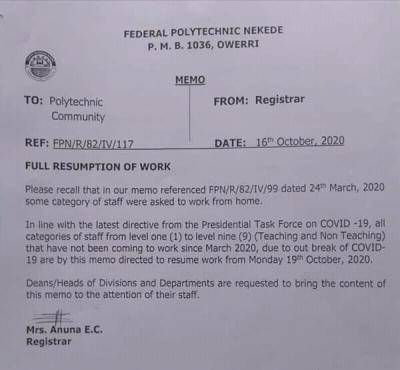 FedPoly Nekede Issues Resumption Notice to Staff