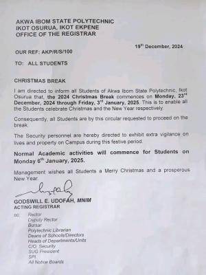 Akwa Ibom Poly notice of Christmas and New Year break