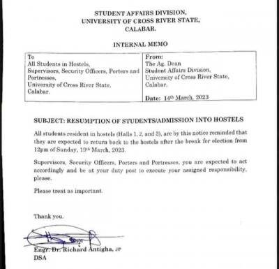 UNICROSS notice of resumption and admission into hostels