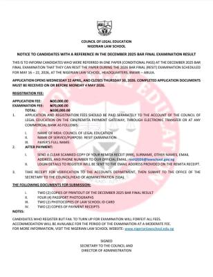 Nigeria Law School announces 2026 resit exam for December 2025 candidates