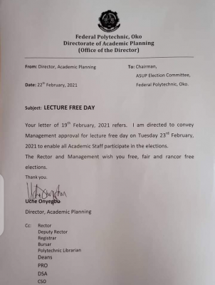 Fed Poly Oko announces Lecture free day