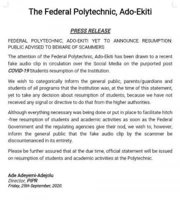 Federal Polytechnic Ado-Ekiti denies resumption date