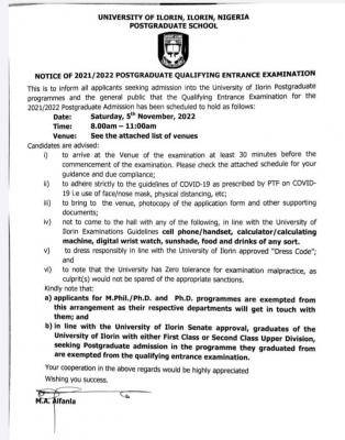 UNILORIN notice on postgraduate qualifying exam, 2021/2022