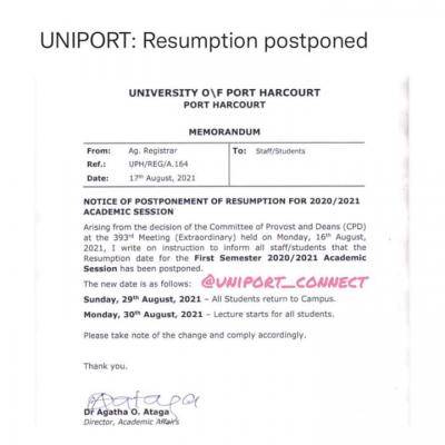 UNIPORT postpones resumption date for 2020/2021 session