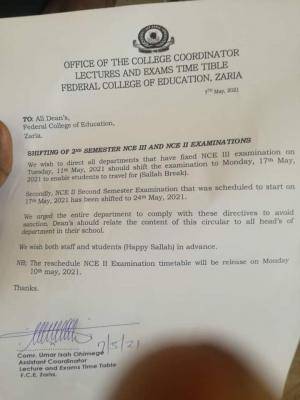 FCE, Zaria announces postponement of exam