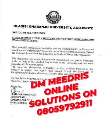 OOU notice to on commencement of Work Study Programme for Students