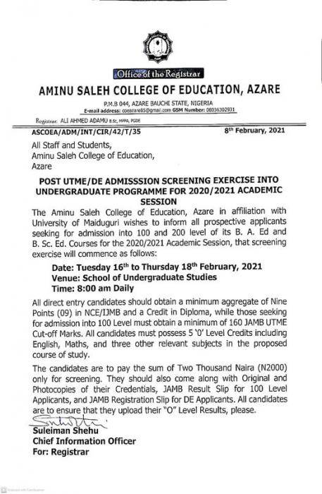 Aminu Saleh COE Post-UTME 2020 (Degree): Cut-off mark, eligibility and Registration details