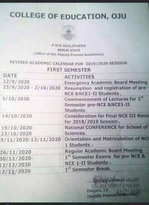 College of Education, Oju Benue State 1st semester  revised academic calendar, 2019/2020