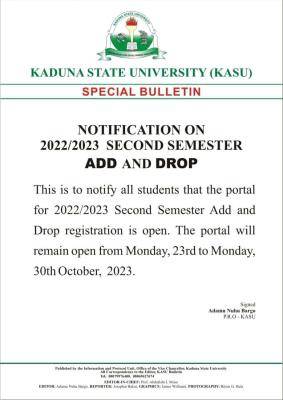 KASU notice on second semester add & drop, 2022/2023
