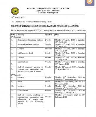 UDUS proposed academic calendar for undergraduate 2022/2023 session