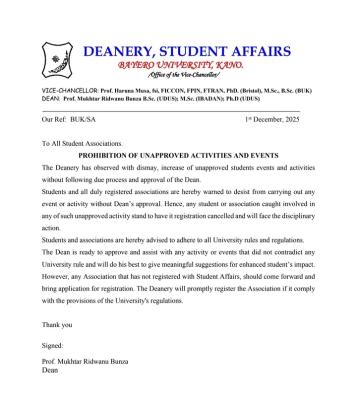 BUK announces prohibition of unapproved students' activities on campus
